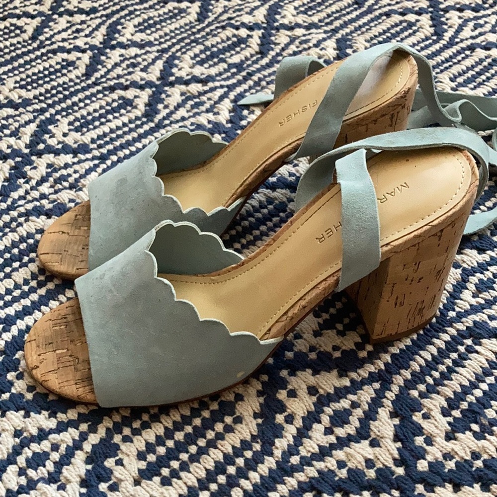 Baby Blue, scalloped Suede, cork block heels 8.5
